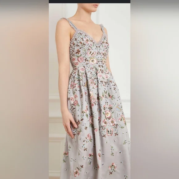 Needle & Thread Gray Midi Dress with Pink Floral Embroidery Size 2 Women